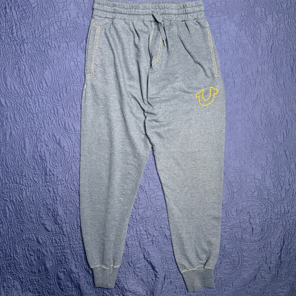 True Religion Mens Lounge Wear Joggers Blue Yellow Contrast Stitch Horseshoe Med